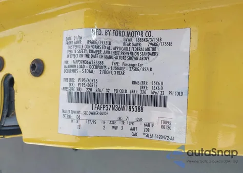 2006 Ford Focus Zx5 from USA, damaged, VIN 1FAFP37N36W185388